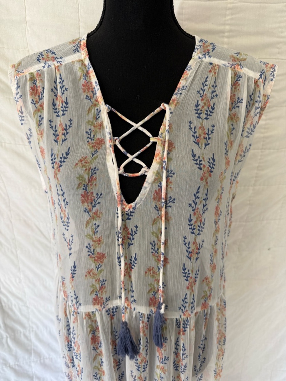 Sheer Floral Lace-Up Maxi Dress in White - Picture 2 of 5